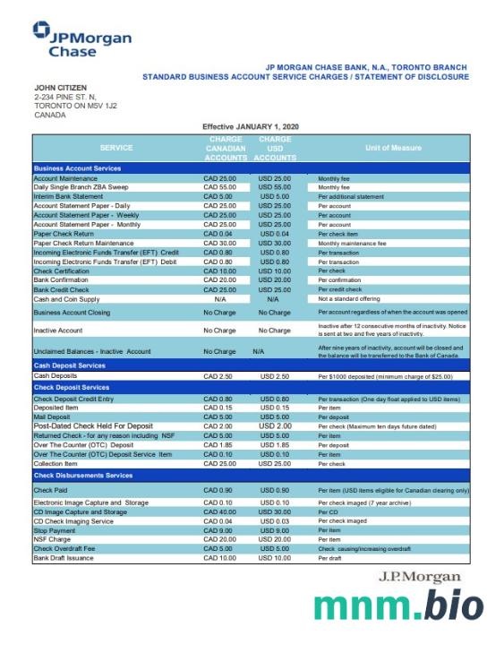 Kanada JP Morgan Chase dowód adresu szablon wyciągu bankowego w formacie Excel i PDF (AutoSum)
